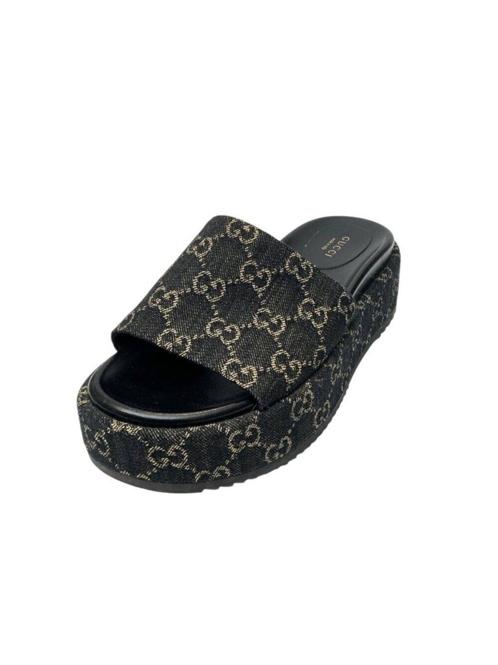 GUCCI GG Monogram Angelina Black Denim Platform Slides sz 8